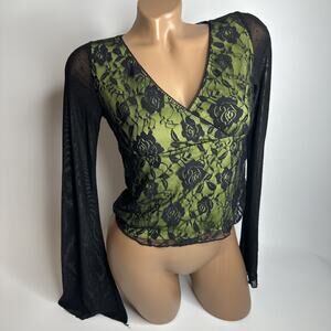 Y2K Go Girl Go Lime Green Bell Sleeve Lace Mesh Top Fairy Goth Witchy S